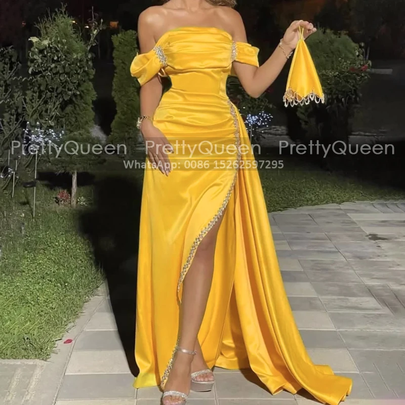 

Shiny Beads High Slit Memaid Prom Dresses With Streamer Off Shoulder Gold Yellow Women Long Trumpet Reception Dresses Party