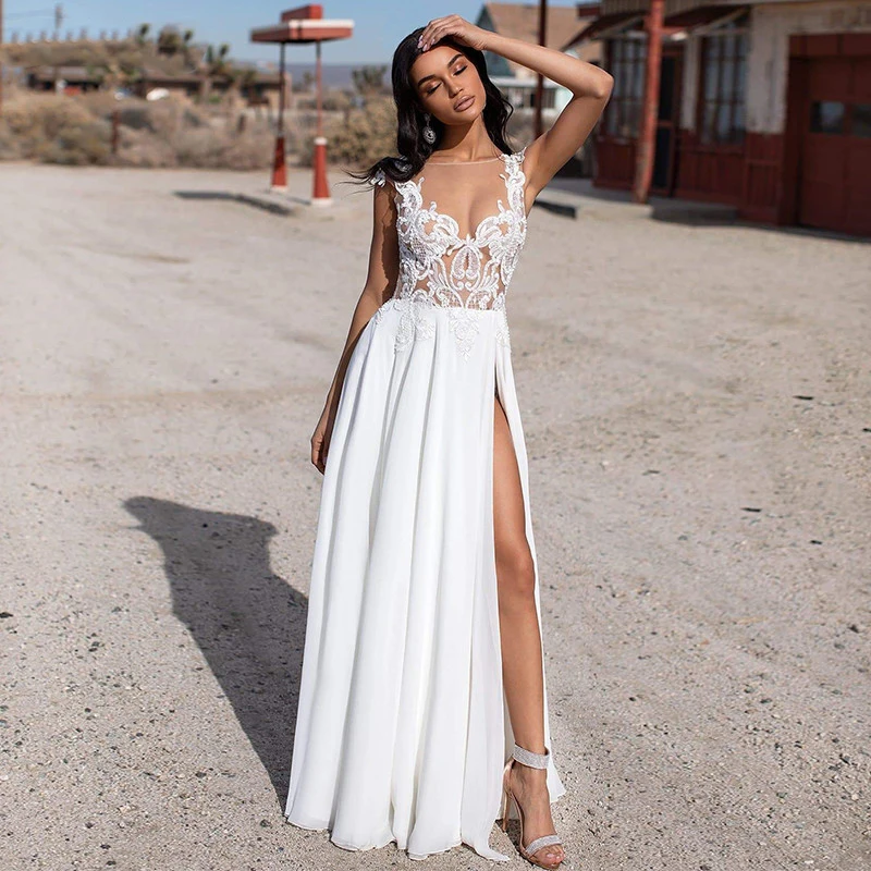 Купи Sexy A-line Wedding Dresses Chiffon Scoop Neck Sleeveless Lace Appliques Bridal Dresses Backless High Split Vestidos De Novia за 4,648 рублей в магазине AliExpress