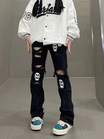 houzhou grunge retro black jeans pants hollow out 80s aesthetic gothic streetwear skull blue distressed denim trousers oversized