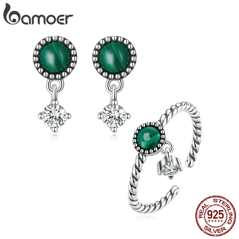 

Женские винтажные серьги-подвески Bamoer из серебра 925 пробы с малахитом, кольцо с зеленым драгоценным камнем, ювелирные украшения, Свадебный к...