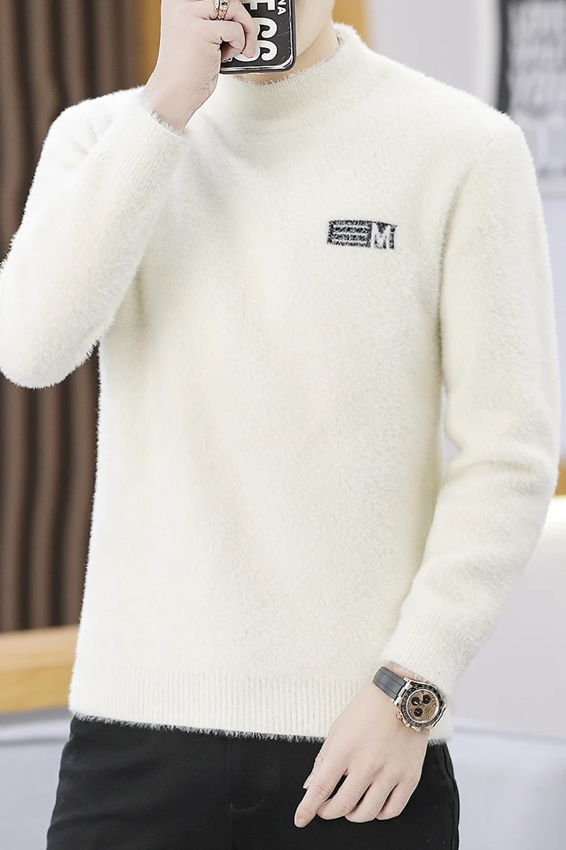 Mink Cashmere Men's Half-turtleneck Embroidered Sweater Autumn/winter Thickened Cashmere Jumper for Teenagers Thermal Underwear
