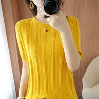 cotton fashion womens summer solid color t shirt hollow twist design round neck pullover loose casual elegant knit short sleeve