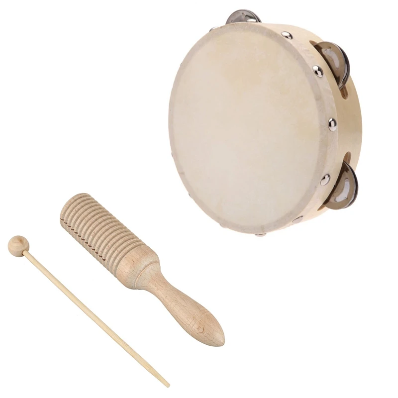 

Kid Wooden Crow Sounder Percussion Instrument & 6in Hand Held Tambourine Drum Bell Metal Jingles Percussion Musical Toy