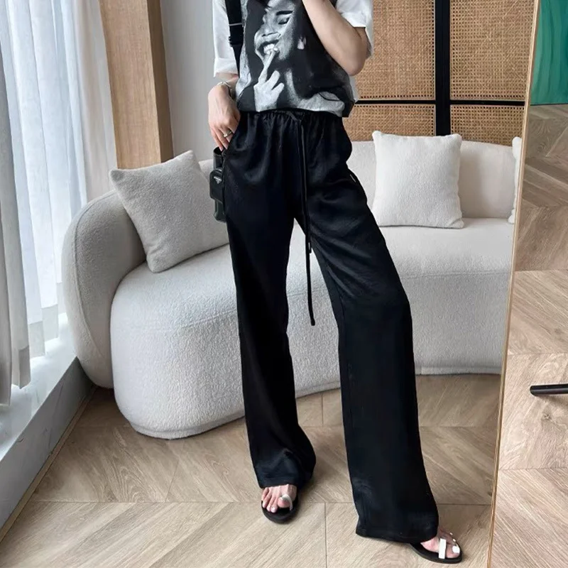 23 New Chic Wide Leg Pants 2 Color Women Elastic Waist Drawstring Pleated Acetiate Pants Casual Fashion Straight Mopping Trouser