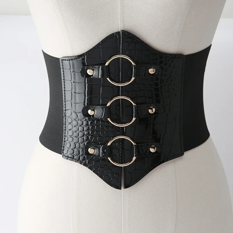 

Fashion Ladies Punk Style Elastic Extra Wide Black Girdle Ins Style Seal Zipper Decoration Belt Versatile Dress Coat Waistband