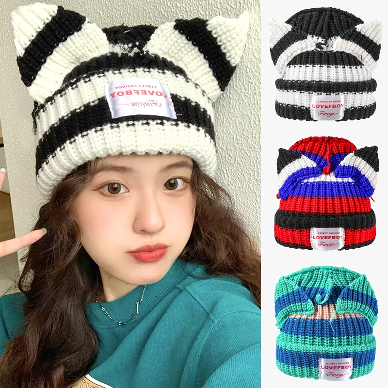 

Вязаные крючком шапки в стиле Харадзюку, контрастные цвета, в полоску, двухслойная шерстяная шапка с лисьими ушками, зимний теплый толстый пуловер, шапка
