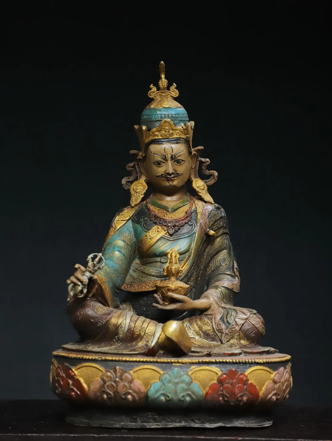 

12"Tibet Temple Collection Old Bronze Painted Guru Rinpoche Padmasambhava Lotus Platform Sitting Buddha Worship Hall