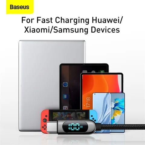 Baseus Кабель USB Type C со светодиодным дисплеем для iPhone 15 Xiaomi Samsung 5A Зарядное устройство для быстрой зарядки USBC USB-C Кабель для передачи данных Шнур Type-C
