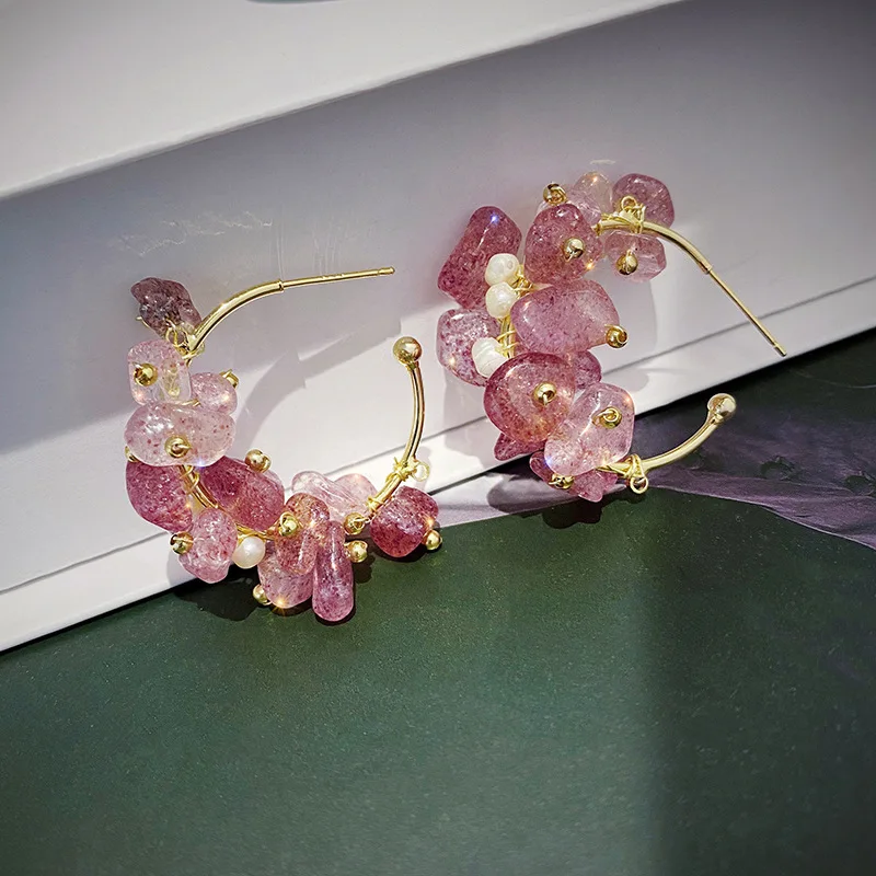 

S925 silver needle pearl pomegranate pink crystal winding earrings fashion temperament super fairy sweet crystal earrings female