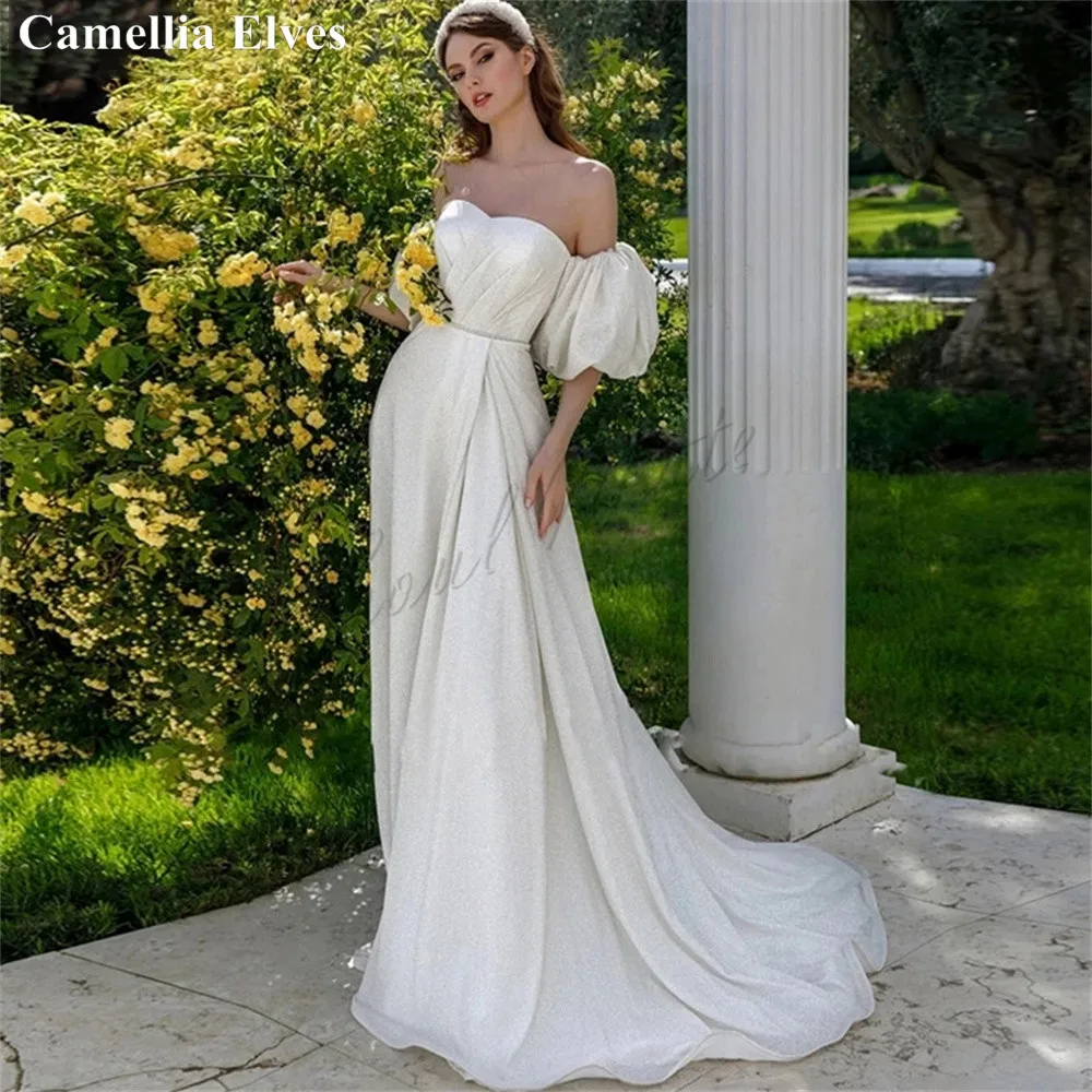 

Exquisite Puff Detachable Sleeves Glitter Wedding Dress For Women 2022 Lace-up Off The Shoulder Slit Bridal Gowns Robe De Mariee