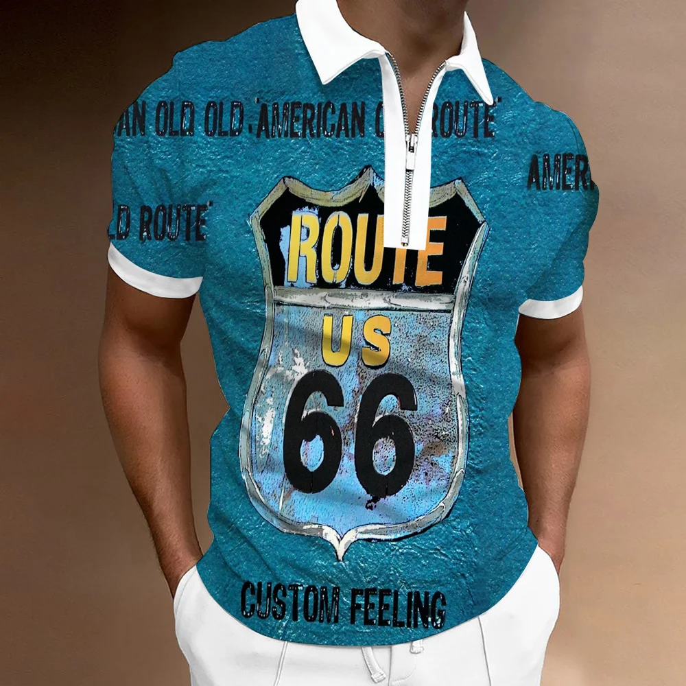 New Men Route 66 3D Printed High Quality Polo Shirt Zip T Shirt Men Round Neck Short Sleeve  Casual Business slim-fit Streetwear