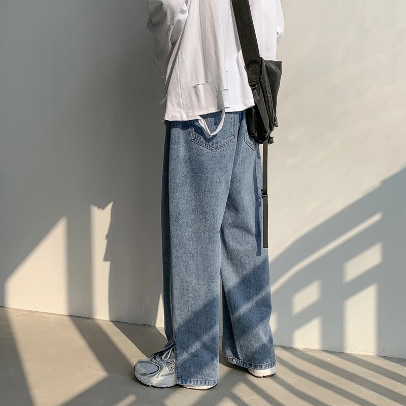 2022 Spring New Men's Korean Fashion Wide-leg Jeans Elastic Waist Drawstring Loose Straight-leg Denim Pants Retro Blue Trousers