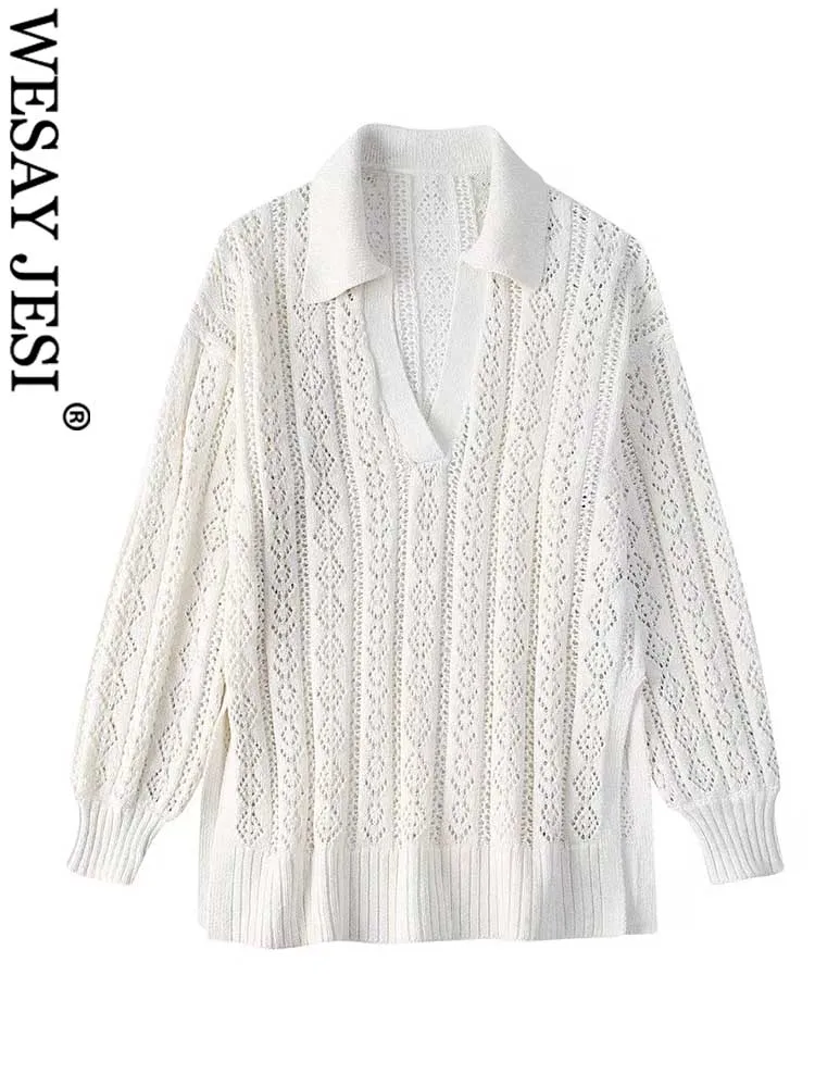 

WESAY JESI Solid Color Daily Elegant Long Women's Pullover Sweater Casual Loose Comfortable Skin-friendly Hollow Knitted Sweater