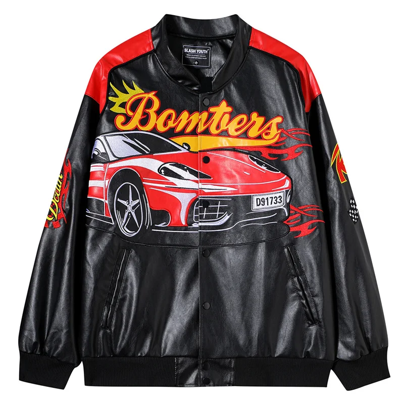 

2022 Pu Leather Baseball Jacket Men Women Car Racing Embroidery Oversized Motorcycle Hip Hop Streetwear Fashion Vintage Coat