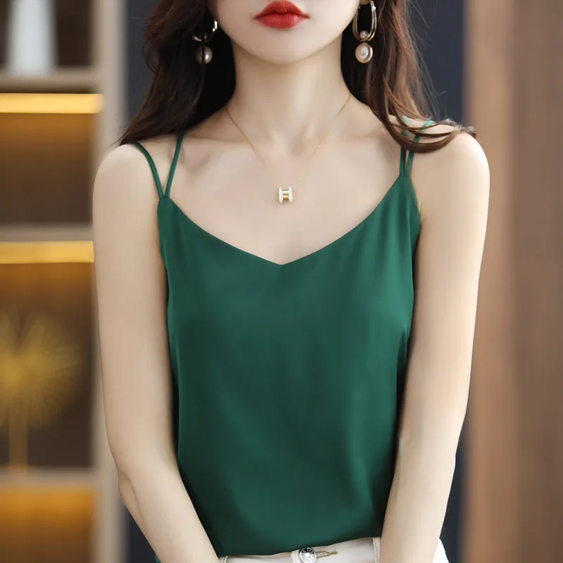Женские блузки Летняя шелковая футболка с V-образным вырезом атласная Офисная