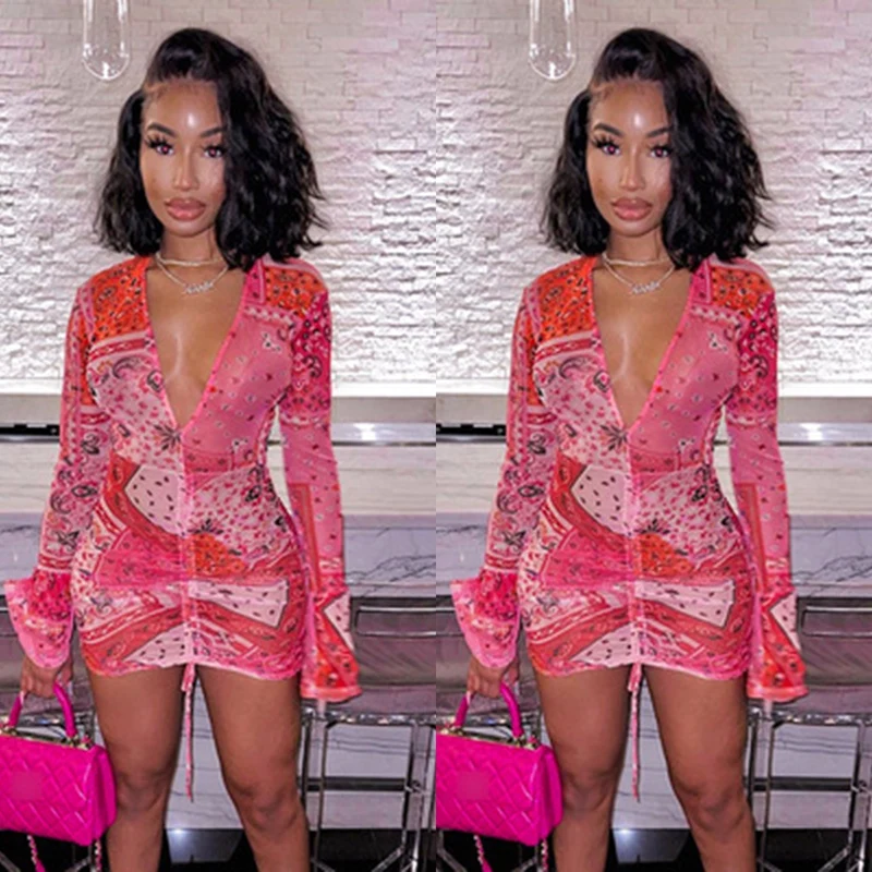 

ASDS-Deep V Neck Print Party Dresses Drawstring Mesh Flare Long Sleeve Transparent Club Outfit For Women Mini Dress