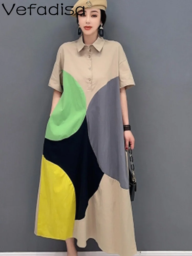 

Vefadisa 2023 Summer Fashion Color Contrast Causal Women Loose Dress Trend Polo Collar Temperament Large Size Shirt Dress LWL298