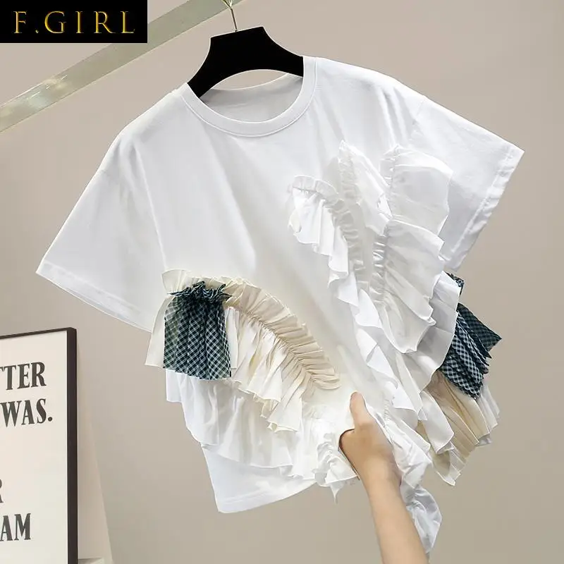 F GIRLS New 2021 T Shirt Women Ruffle Patchwork O Neck Short Sleeve Casual Graphic Tshirts Korean Style All-match Loose Tops