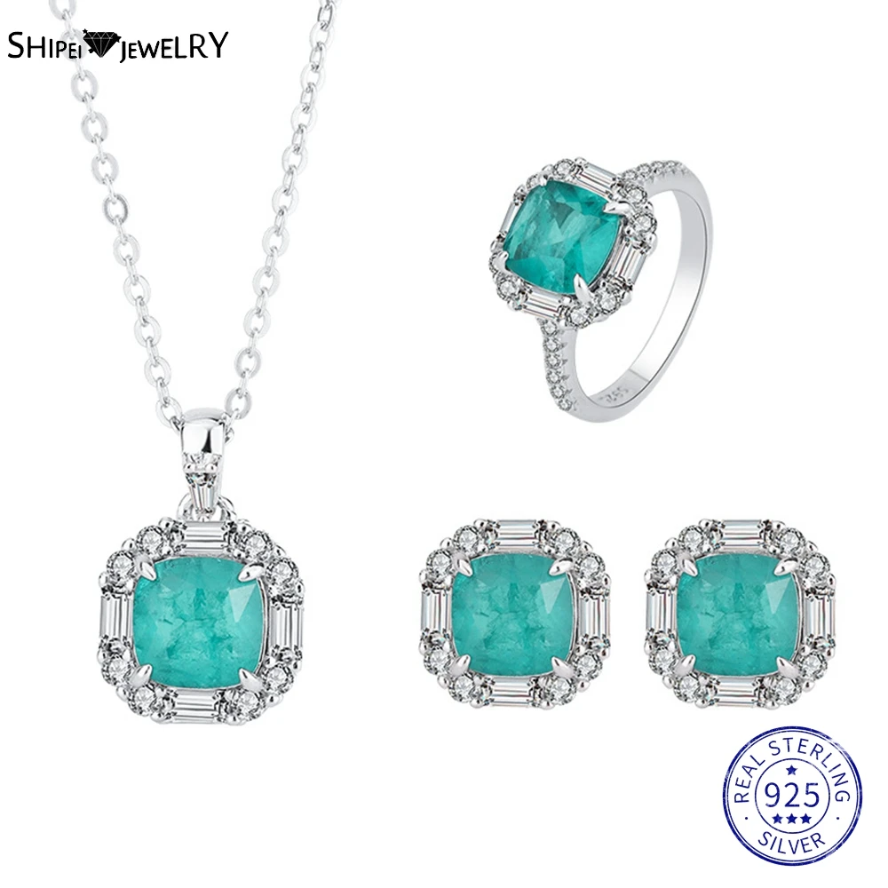 

Shipei 100% 925 Sterling Silver Created Moissanite Paraiba Tourmaline Party Earrings/Pendant/Necklace/Ring Jewelry Set Wholesale