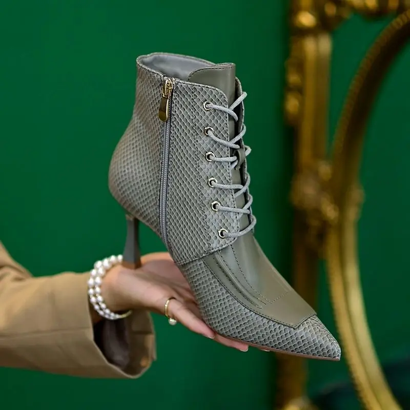 

FHANCHU 2022 New High Heeled Ankle Boots Woman,Autumn/Winter Shoes,Fashion Short Botas,Side Zip,Pointed Toe,Black,Grey,Dropship