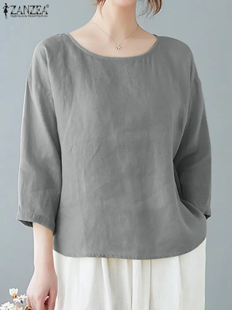 

2023 ZANZEA Summer Vintage O Neck 3/4 Sleeve Tunic Tops Women Fashion Casual Loose Shirt Oversize Blouse Solid Blusas Chemise