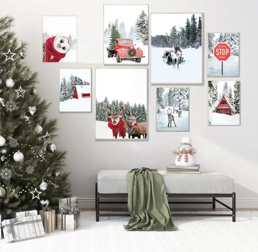 

Christmas Winter Reindeer Owl Snowy Forest Wall Art Canvas Painting Nordic Posters And Prints Wall Picture For Living Room Decor