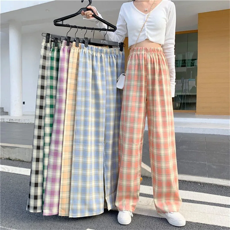

Vintage Plaid Women Pants High Waist Wide Leg Straight Pant Loose Casual Female Trousers Wide Leg Pant Fashion Streetwear
