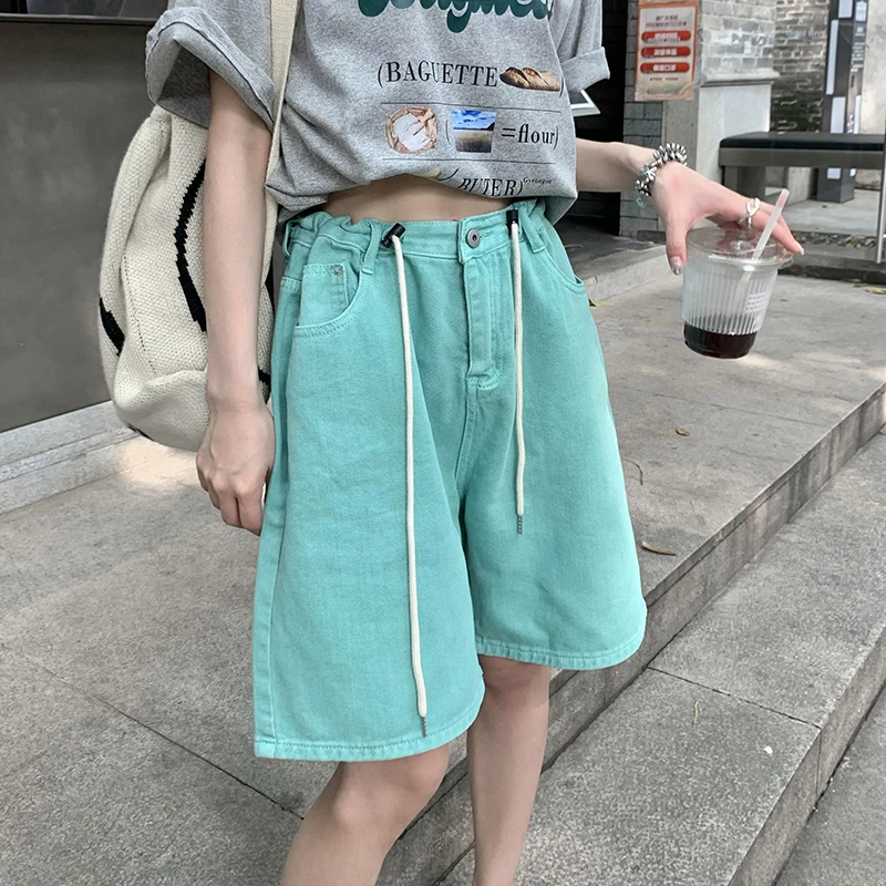 

SML 3 Color Knee Length Denim Shorts Women wide leg High Waist Vintage Lace Up Jeans Shorts Women Summer 2022 Streetwear(xy60395