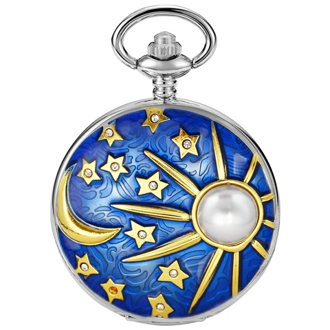 Романтические женские серебряные карманные часы со звездами и луной, кварцевое ожерелье, подвеска в стиле стимпанк, карманные часы, подарки