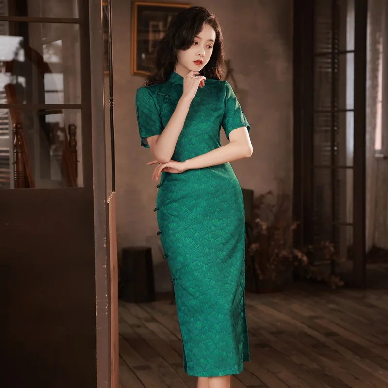 Modern Women's Clothing Traditional Chinese Green Printed Qipao Improved Retro Fashion Short Sleeve Cheongsam