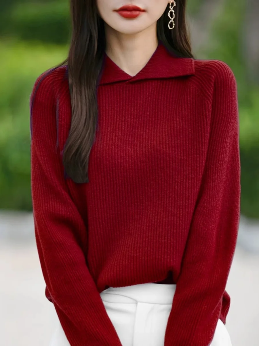 Тяжелый утолщенный свитер с лацканами женский теплый вязаный длинными рукавами