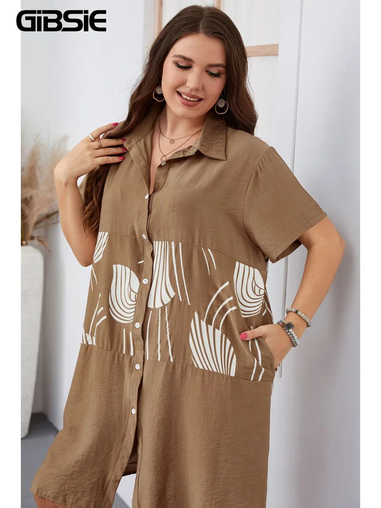 Женское платье-рубашка с коротким рукавом однобортное свободное повседневное