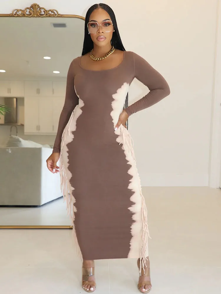 Лоскутное повседневное платье макси с кисточками женское элегантное вечернее