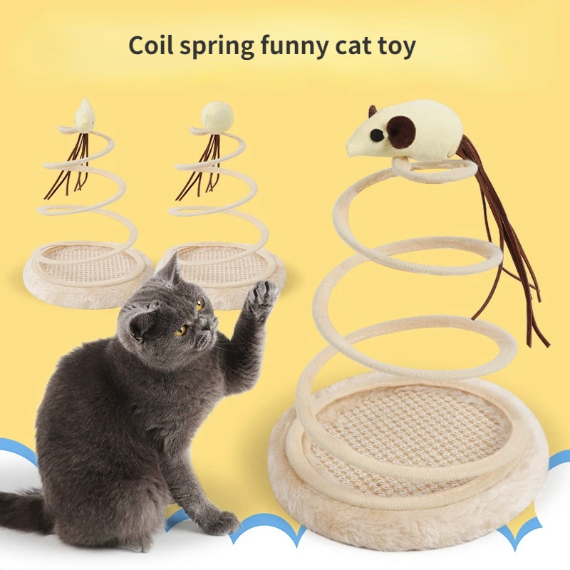 

Spring Coil Spiral Mouse Cat Toy Plush Wire Linen Material Cat Toys Interactive Self-hearted Cat Scratching Plate Cats Toys Pets