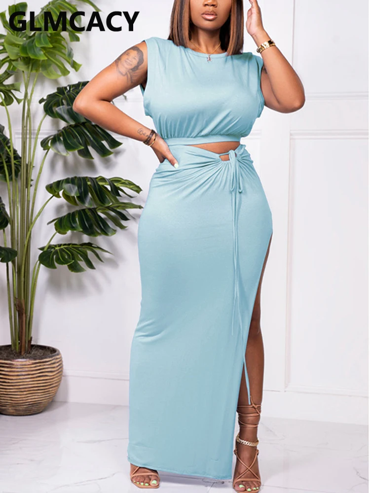 

2 Pieces Sets Women Sleeveless Top T-shirt & Maxi Slit Bodycon Skirt