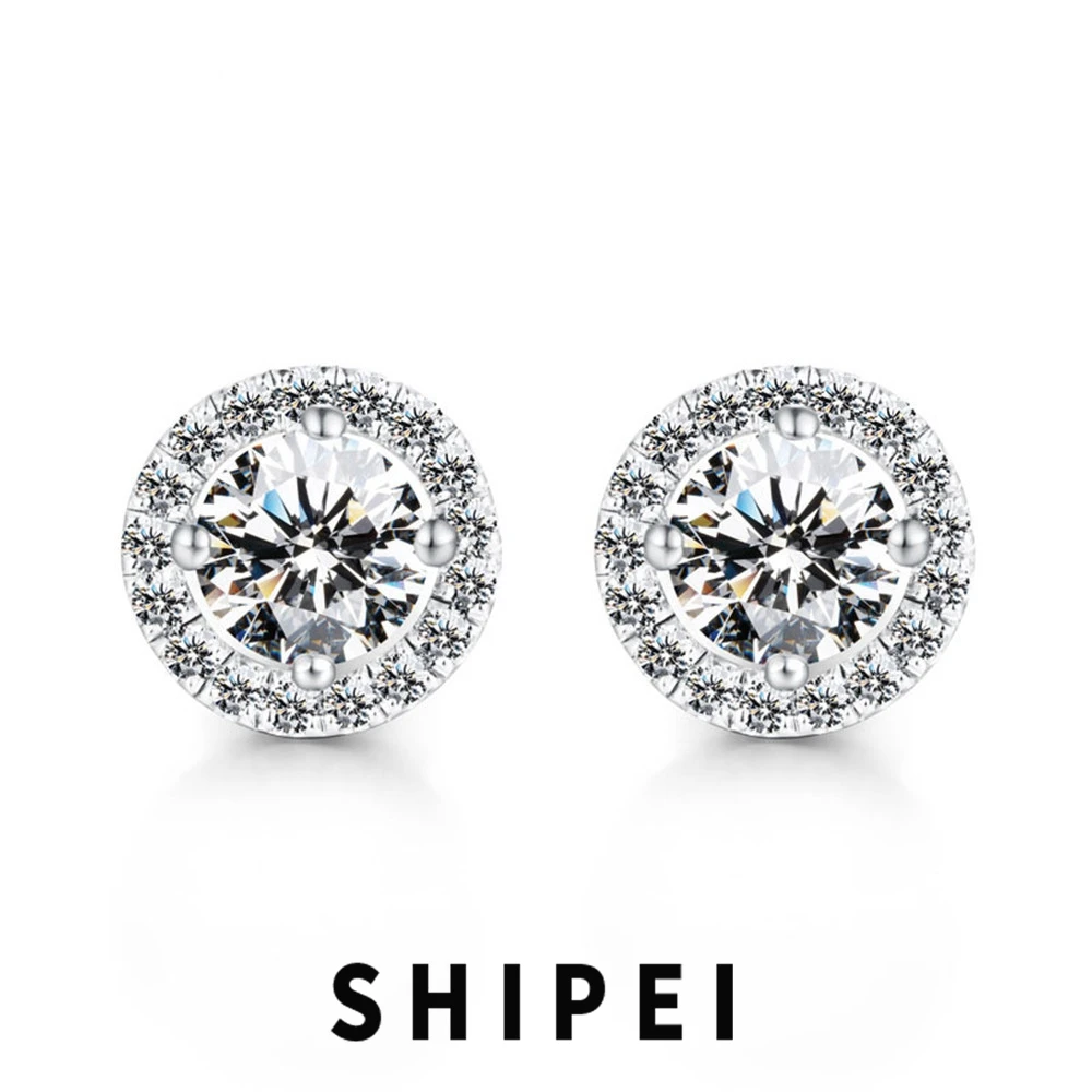 

SHIPEI Classic Solid 925 Sterling Silver Round 1.5 CT White Sapphire Gemstone Ear Studs Earrings Wedding Fine Jewelry Wholesale