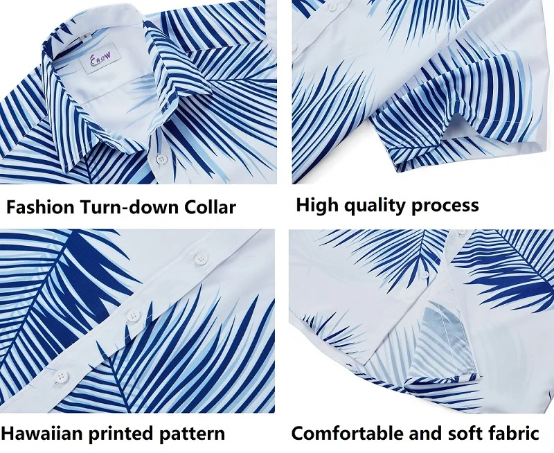 EUOW Brand Men Clothing Hawaiian Shirt Summer 2022 Fashion Beach Printed Button Down Aloha Shirt Breathable Casual Beach Wear