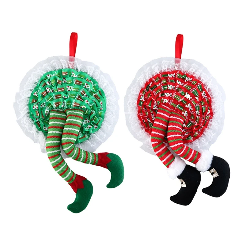 

Christmas Elf Legs Wreath Long Leg Black Boots Ornament Pendant for Xmas Festival New Year Party Door Decor 87HB