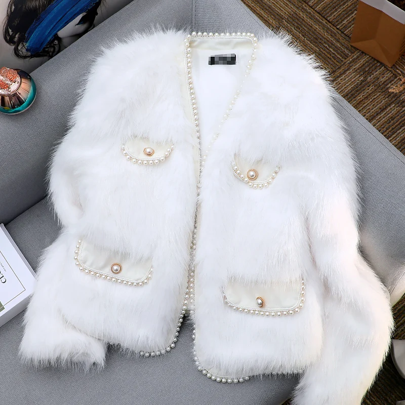 Winter Clothes Women Young Pearls Fur Fluffy Jacket 2022 New Classic Style Women's Fashion Heavy Pink Beads Furry Short Coat