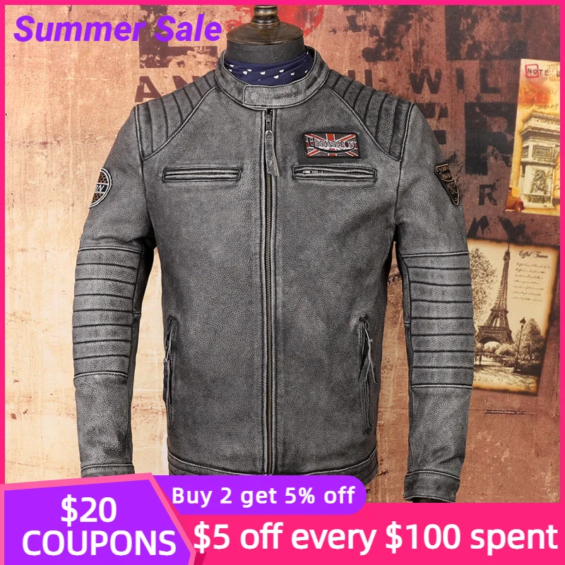 

2022 Vintage Grey Genuine Leather Jacket Men Motorccyle Style Large Size 4XL Real Natural Cowhide Autumn Slim Fit Biker Coat