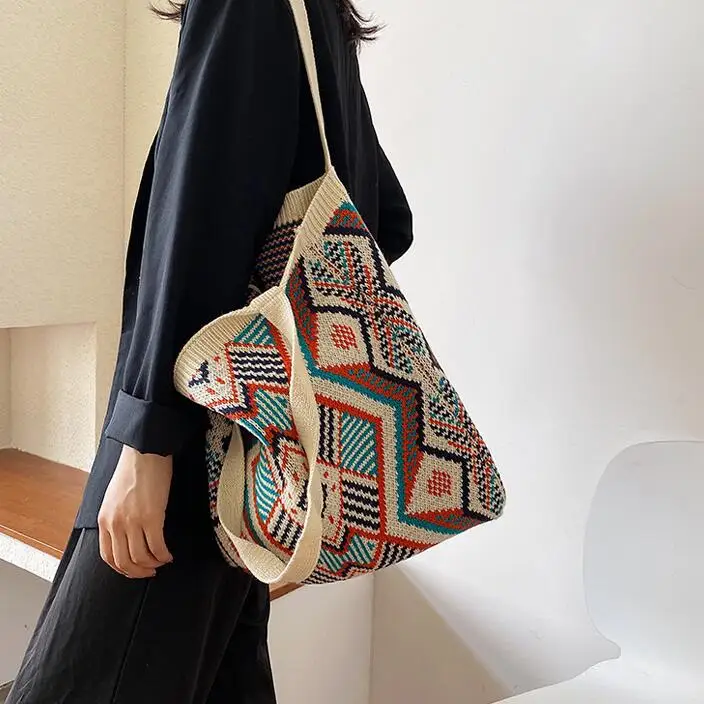 

Lady Knitting Gypsy Bohemian Boho Chic Aztec Tote Bag Women Crochet Woolen Open Shopper Top-handle Bag Female Daily Handbag
