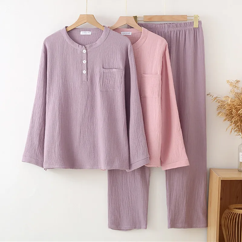 Korean Purple/Pink Women's Sleepwear Crepe Gauze Long-Sleeved Pajamas Home Service Suit Pure Cotton Nightwear Pijamas Set