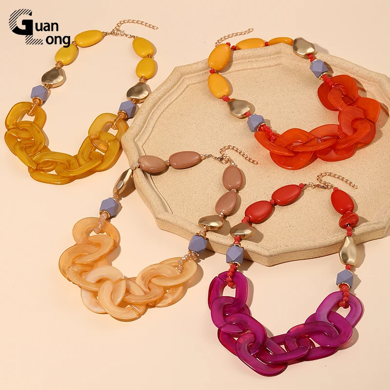 

GuanLong Trendy Colourful Acrylic Beaded Necklaces for Women Fashion Jewelry Statement Long Chain Pendant Necklace Female Gifts