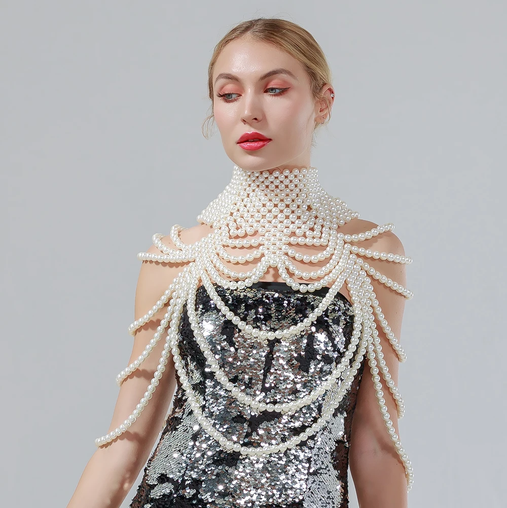 

Women Sexy Pearl Shawl Necklaces Body Chain Collar Shoulder Long Chain Tassel Tops Chain Wedding Dress Body Jewelry Accessories