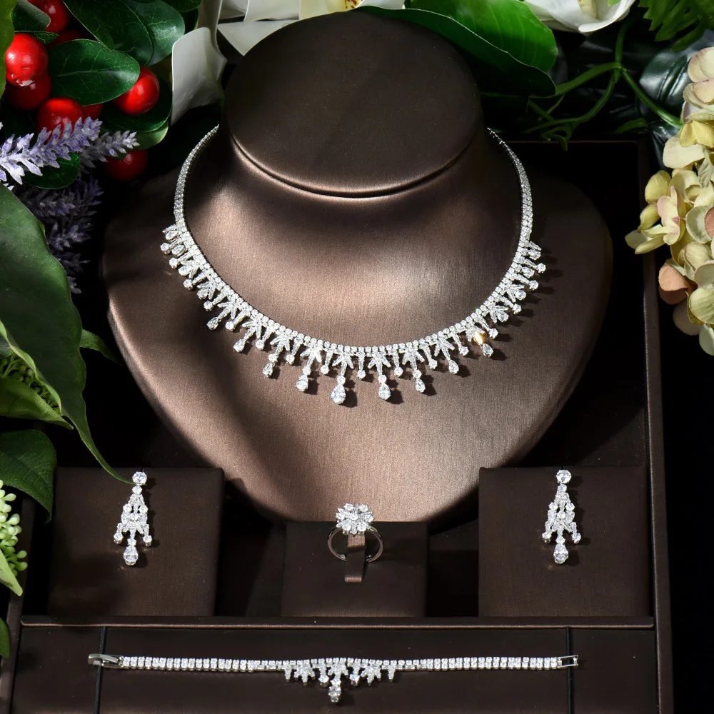 

Fashion Triangle White Water Drop Long Crystal Necklace and Earrings Sets for Women Fancy CZ Party Wedding Dress Jewelry N-544