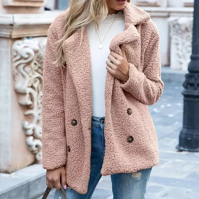 New2022 Solid Color Women Winter Spring Loose Warm Coat High Quality Teddy Fleece Button Jacket Female Casual Veste Femme 2021