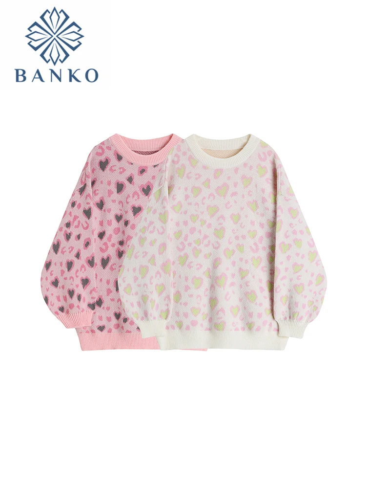 

2022 Autumn Winter Women Vintage Heart Print Knitted Pullover O-neck Puff Long Sleeve Pink Sweet Loose Female Knitwear Jumper