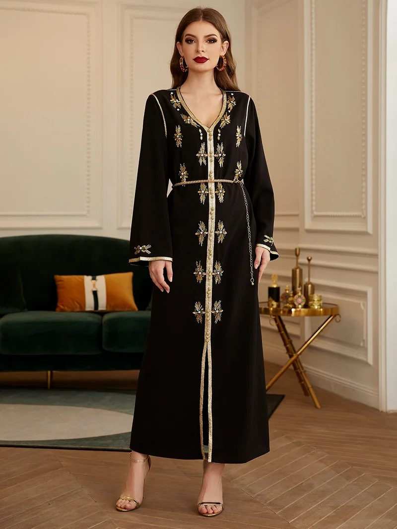 Rhinestones Moroccan Kaftan Maxi Dress Women Fashion Handwork Front Slit Golden Trim Muslim Party Night Gown + Belt  audi Dubai