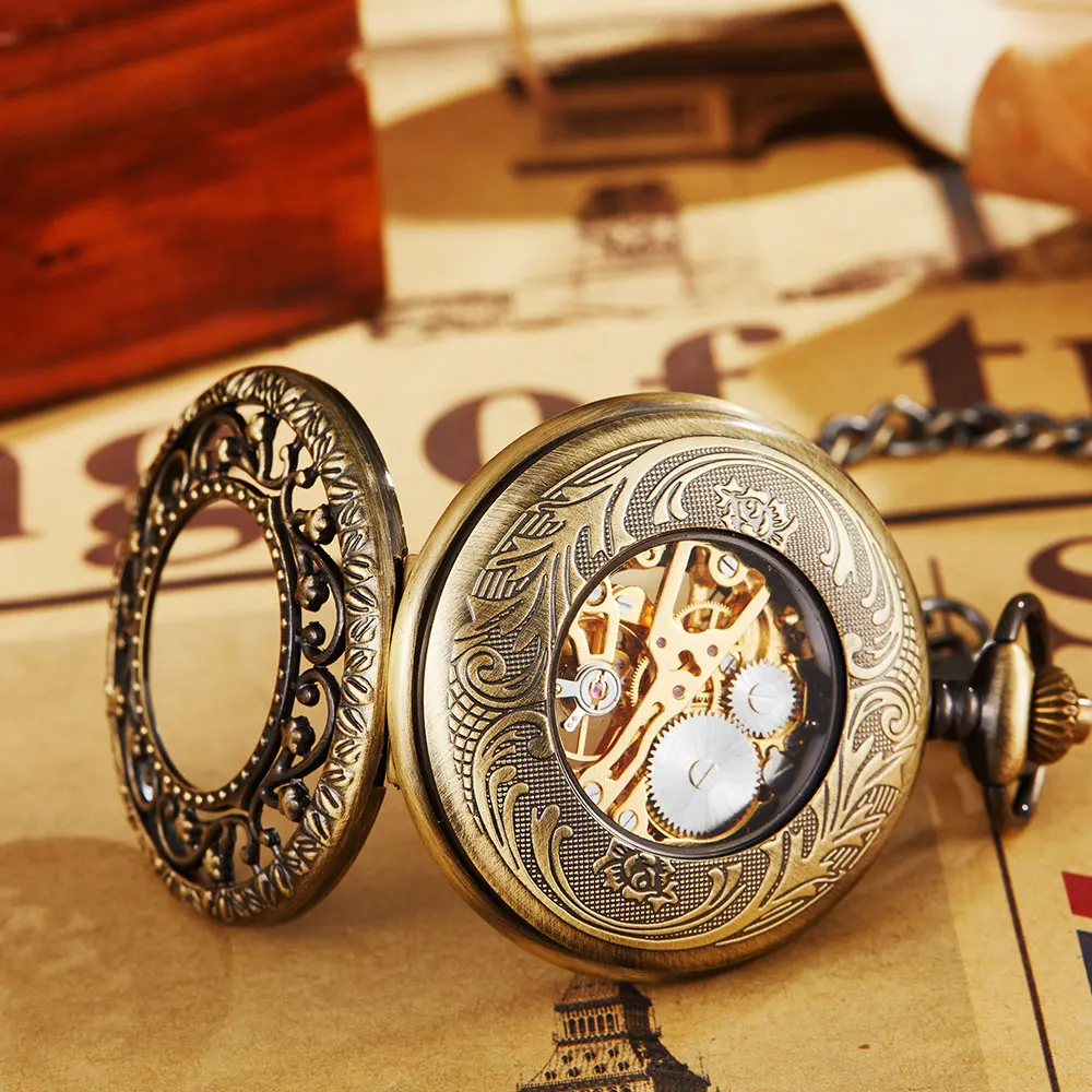 Necklace Watch Vintage Steampunk Mechanical Pocket Watch With Chain Hollow Hand-winding Pendant Clock Men Women Gold Bronze Gift