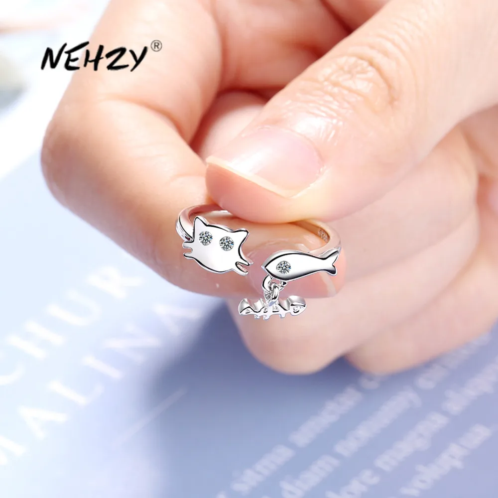 

NEHZY Silver plating New Woman Fashion Jewelry High Quality Cubic Zirconia Kitten and Fish Ring Adjustable Size Open Ring